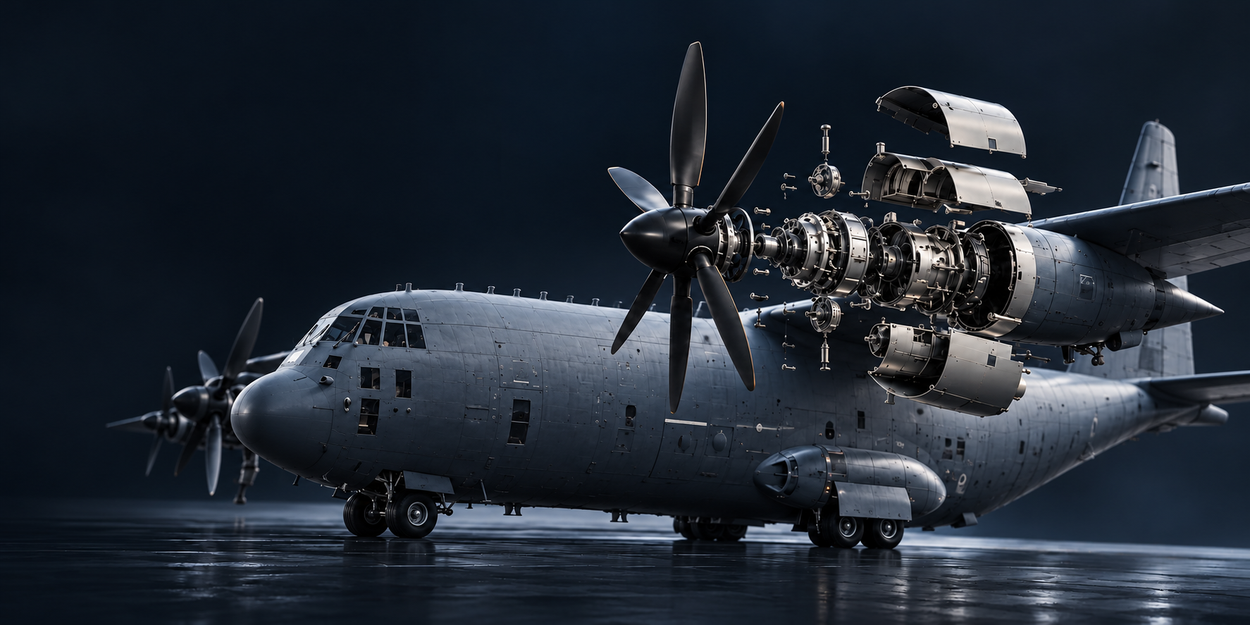 Aircraft presentation concept with an exploded engine assembly