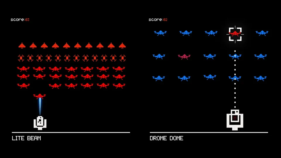 Screen content - Red and blue symbols arranged across a dark display.