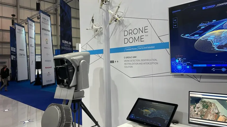 Drone Dome installation - A view of the exhibition display with touch interfaces.