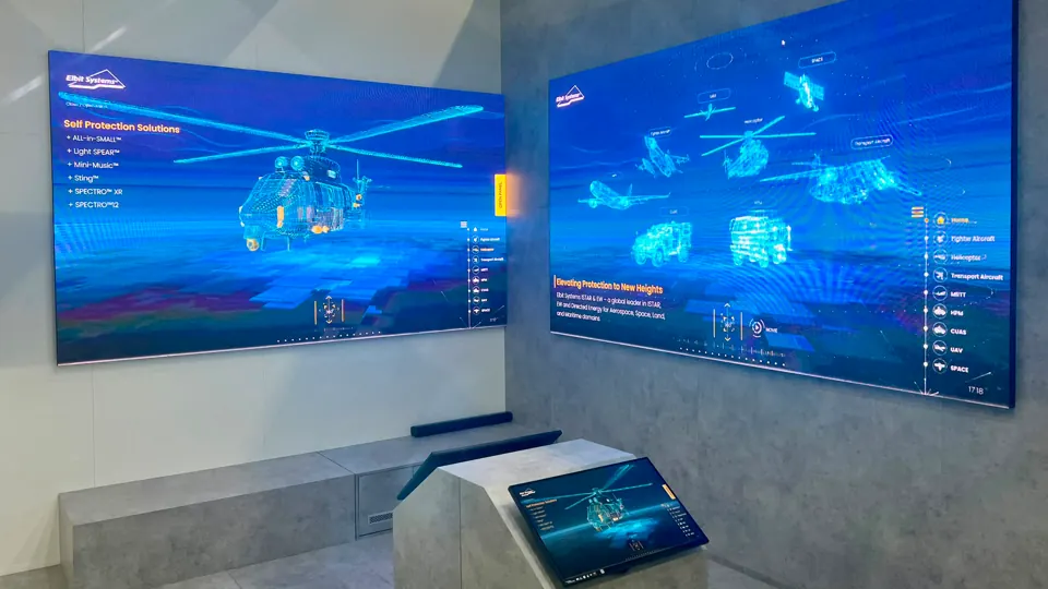 Elbit Digital display space - Blue presentation screens paired with a touch control console. Commissioned by Dror Manor.