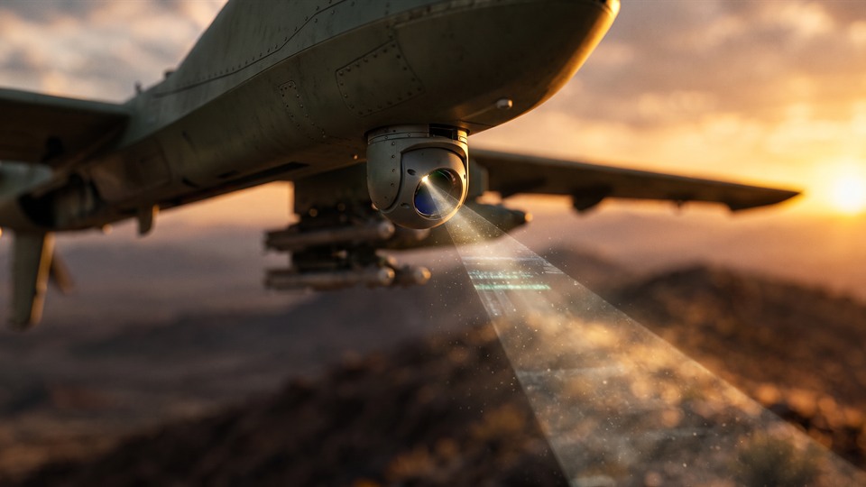 An aircraft-mounted sensor above a sunset landscape.