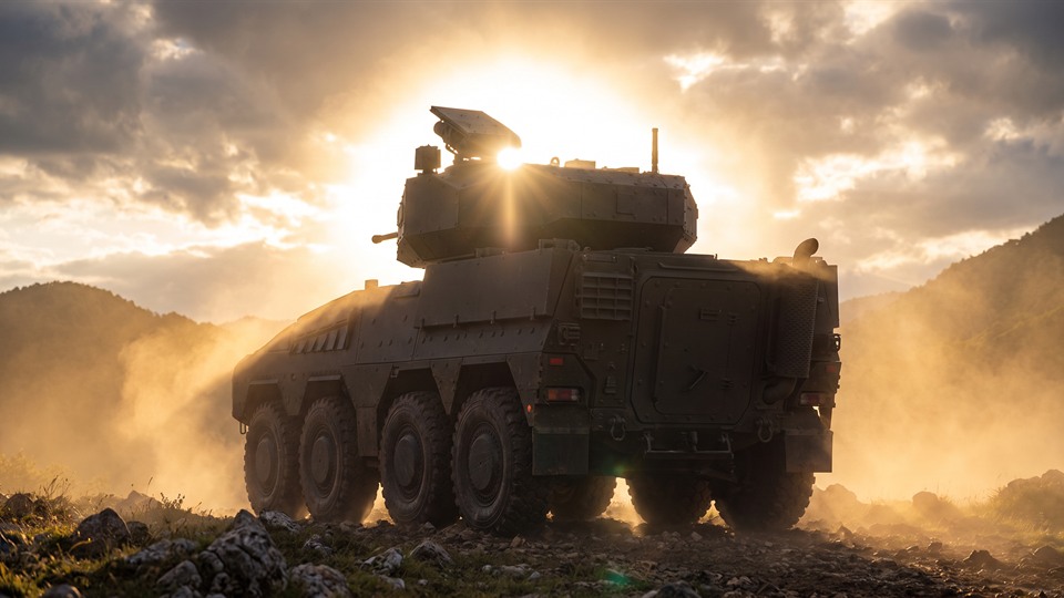 An eight-wheeled vehicle in backlit dust.