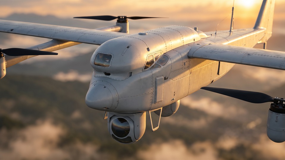 A light-gray unmanned aircraft and its suspended optical sensor at sunset.