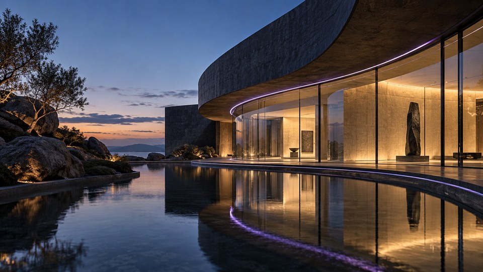 AI-generated architectural concept of a curved glass pavilion beside reflective water at dusk.