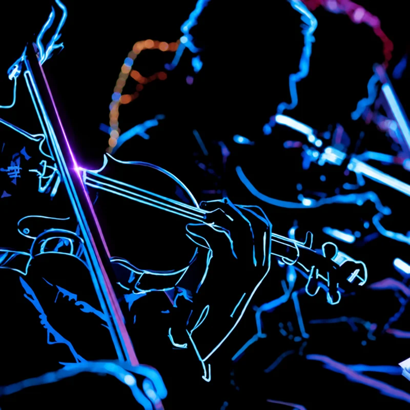 Neon outlines of musicians with a purple glint on a violin bow.