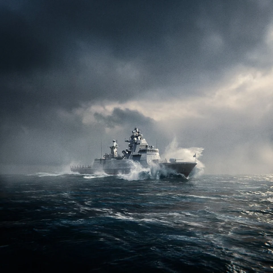 Storm at sea - A naval ship moves through heavy waves beneath a grey sky.